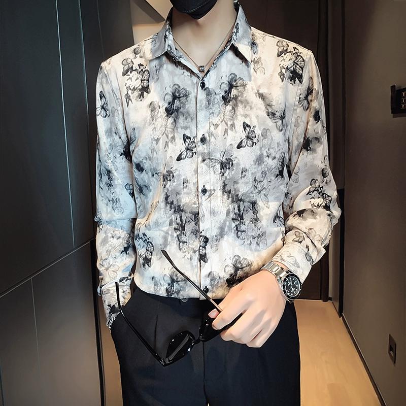 2024 Korean Style Fashion Shirts Men Funny Printed Pattern Shirt Male Casual Streetwear Hawaii Shirt Man Button Long Sleeve Blouse Tops