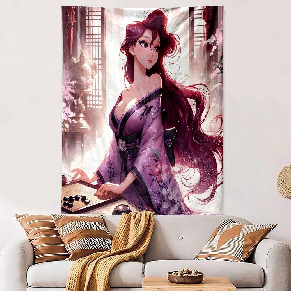 Elegant Woman in Floral Kimono Playing Go Patterned Tapestry Decorative Wall Hanging, Home Bedroom Living Room Decor