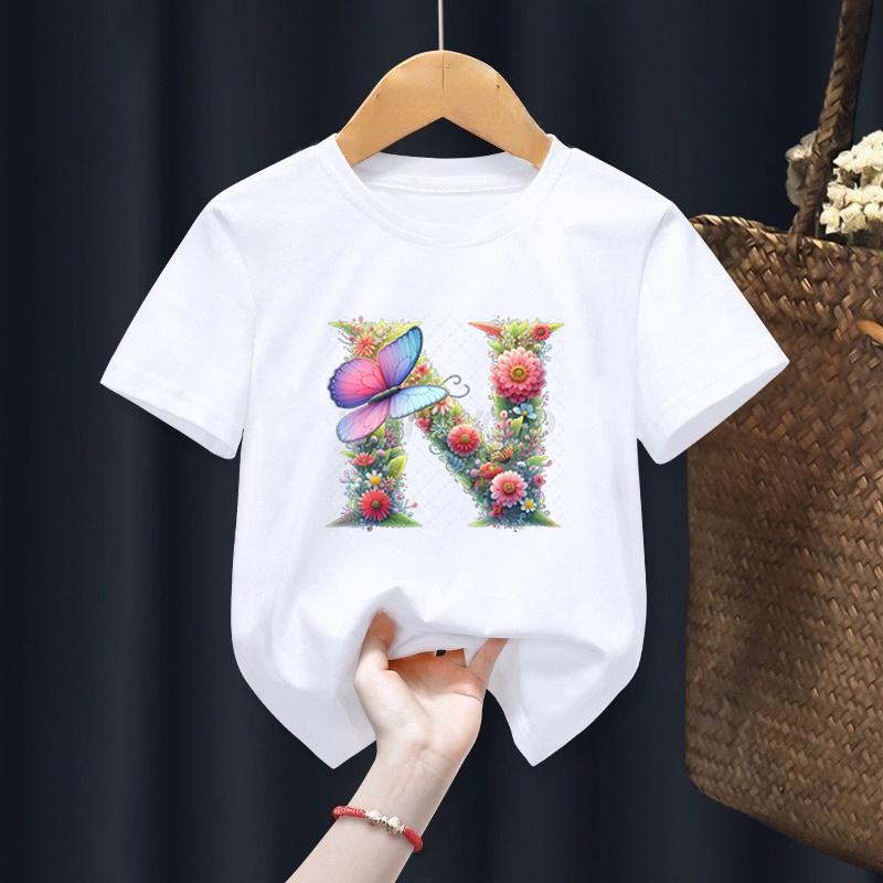 Alphabet Design Girl T-shirt Outfits Watercolor Butterfly Flower Letters T-shirts for Toddler Girl Initials Floral Top