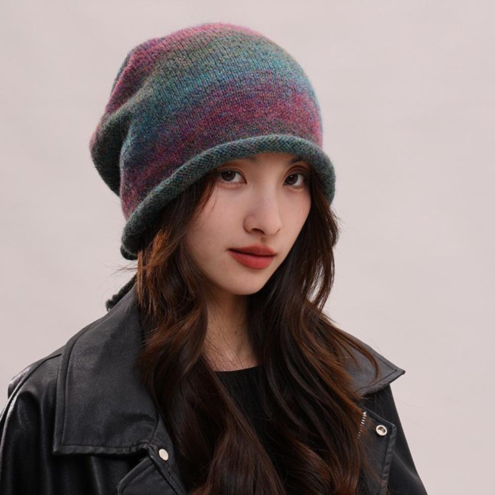 Gradient Color Beanies Skullies Knitted Drawstring Slouch Hat Fashion Bonnet Hat