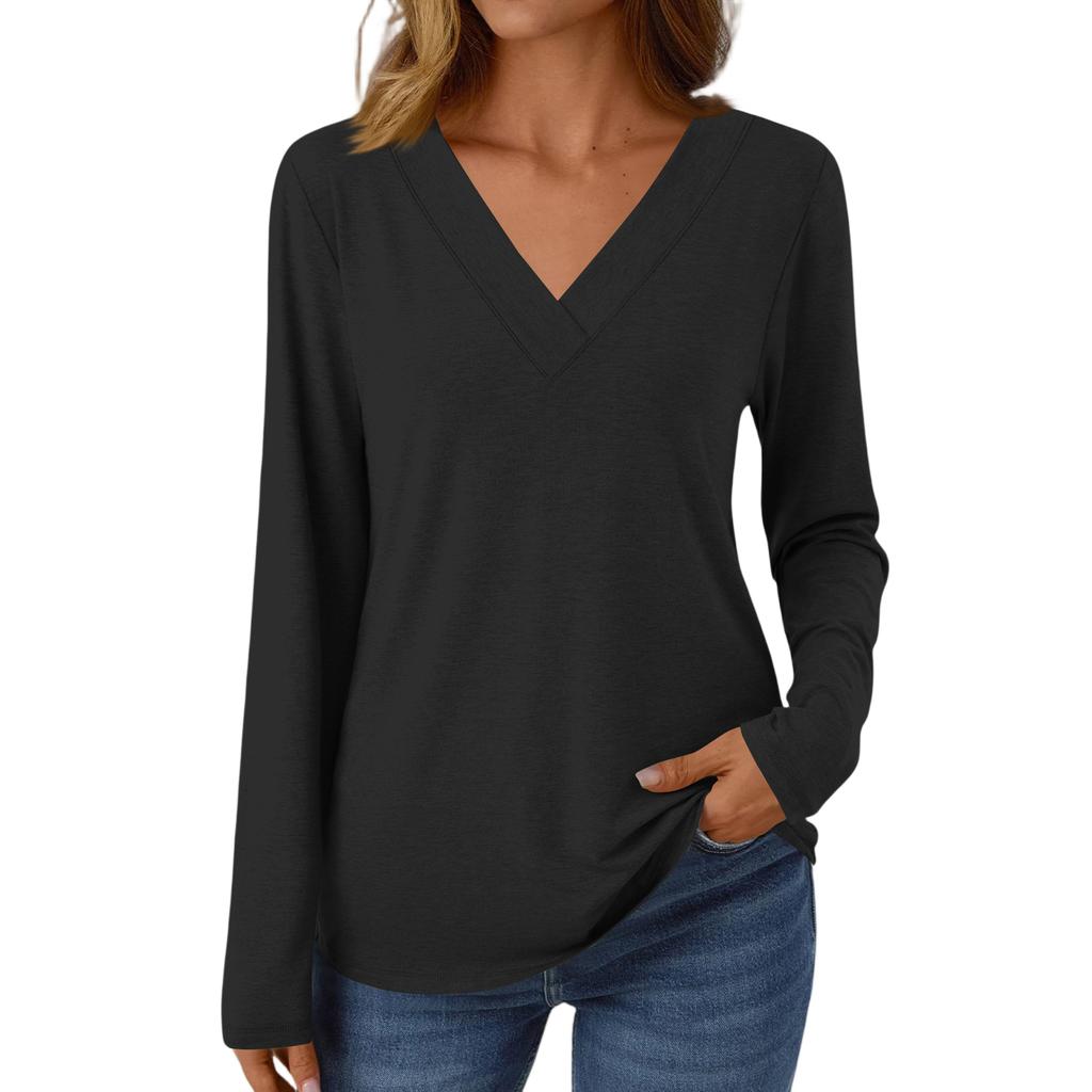 Женская повседневная модная футболка с длинными рукавами и V-образным вырезом, однотонная, с начесом