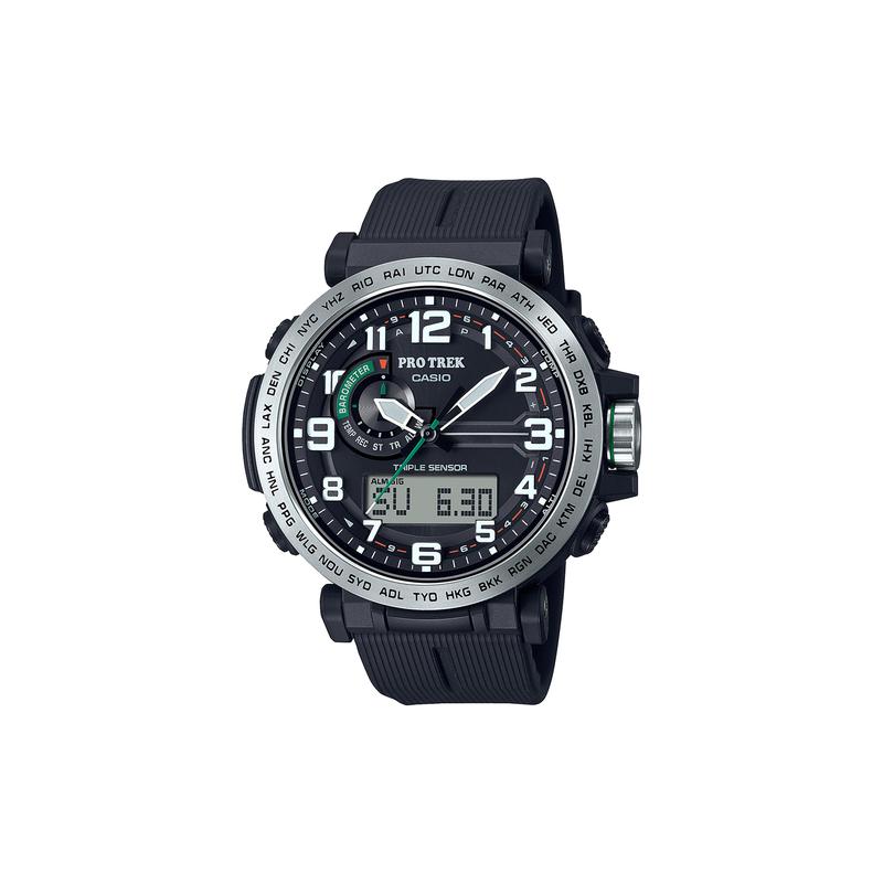Casio Экологически чистый материал водонепроницаемый и ударопрочный механизм солнечный механизм ремешок из смолы мужские часы черный циферблат PRG-601