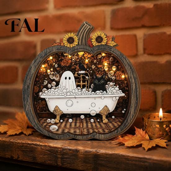 Whimsical Ghost Book Nook Halloween Wooden Tabletop Ornament, 2D Flat Cute Reading Bathing Fall Harvest Home Decoration Watering Plaque with Stand for