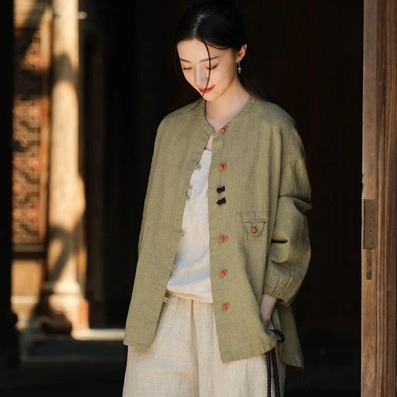 Johnature Women Chinese Style Shirts Tops Button Long Sleeve Autumn Blouses Patchwork Vintage Stand Shirts