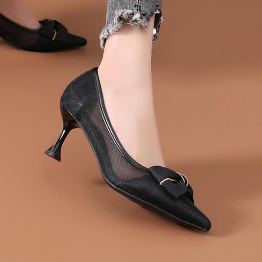 Туфли для стриптизерши с бантом на тонком каблуке женские туфли-лодочки с острым носком стильная модная обувь шикарное и элегантное платье в корейском стиле L