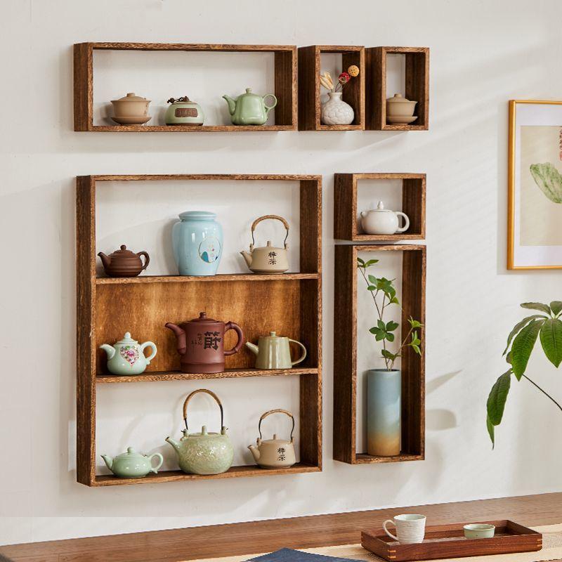 Solid Wood Chinese Style Antique Shelf Wall Grid Storage Rack Storage Rack Hanging Wall Combination Retro Teapot Rack