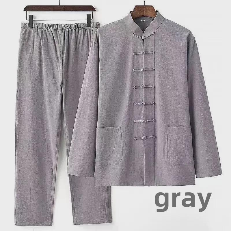 Мужской костюм Тан на весну и осень: Костюм из двух частей в китайском стиле из хлопка и льна с пуговицами