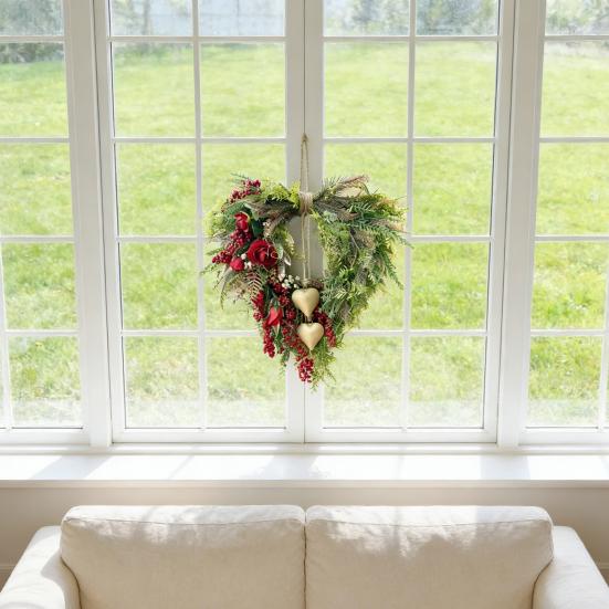 Valentine's Day Farmhouse Heart Wreath for Front Door Rustic Faux Greenery Wreath with Red Roses Berries Vintage Heart Bell for Window Porch Indoor