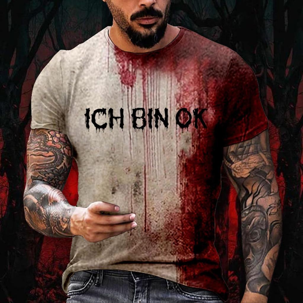 Halloween T Shirt Men's Casual Round Neck Blood Splatter Pattern Tops Horror Bloody Printed Short Sleeve Tops