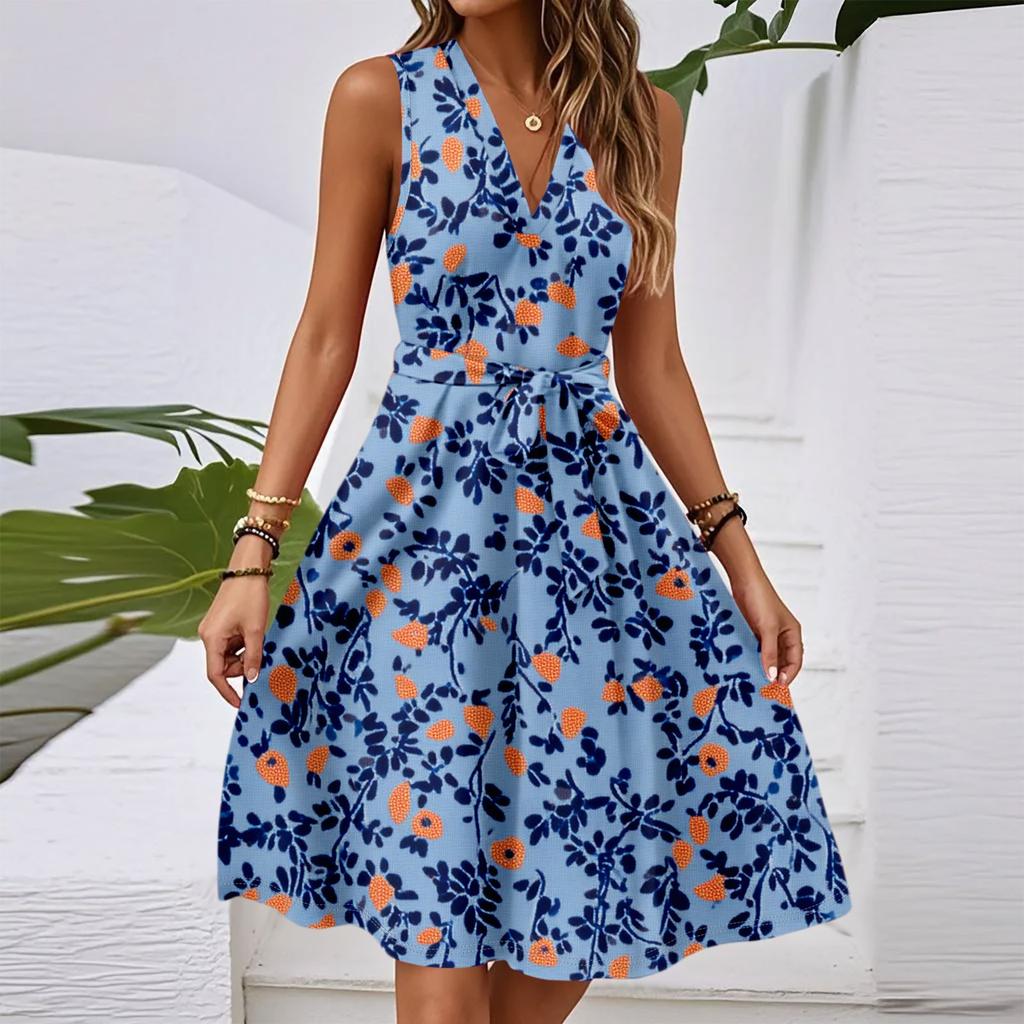Women's Spring And Summer Casual V-Neck Sleeveless Waist Floral Print Midi Dress