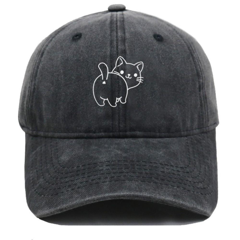 Cotton Fabric Baseball Cap Butt Cat Embroidery Baseball Hat Vintage Dad Hat Outdoor