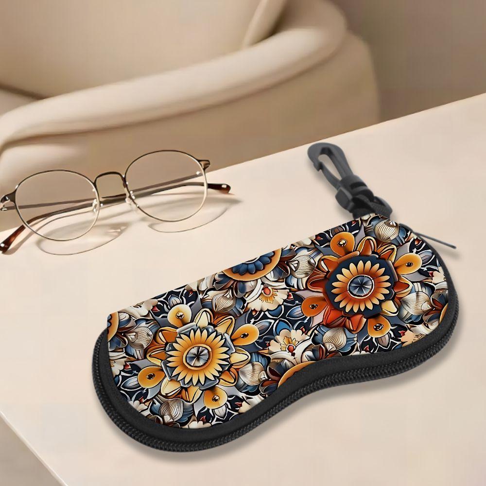 2D-Vintage Floral Mandala Pattern Sunglasses Case, Elegant Bohemian Print Eyewear Protective Holder, Durable Zipper Glasses Storage Box for Travel
