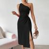 GMXIA Весна/лето женские элегантные сексуальные без рукавов на одно плечо с косым вырезом однотонные платья с разрезом