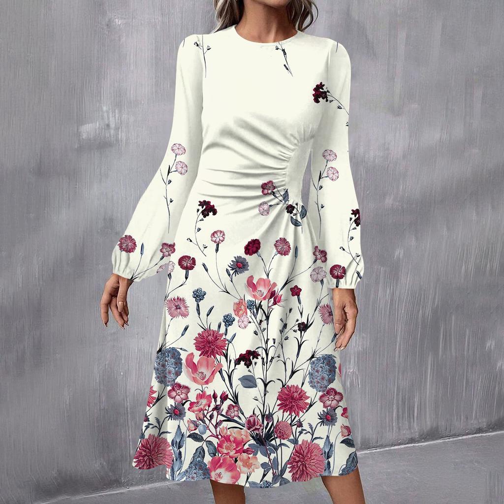 Женское модное повседневное платье миди с круглым вырезом и длинными рукавами