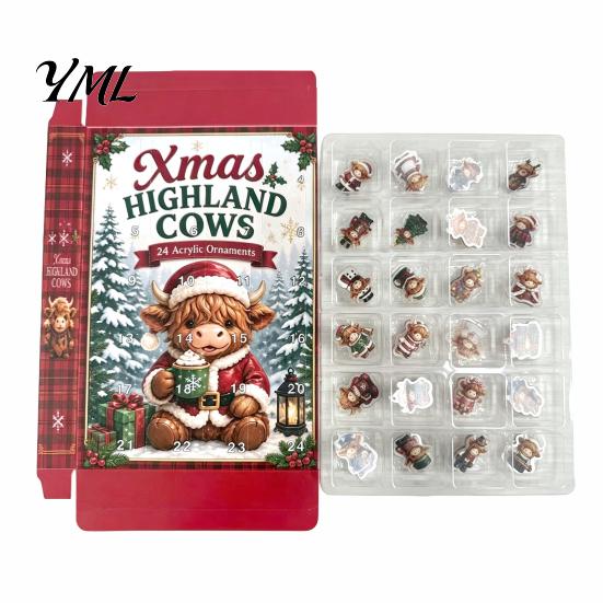 Christmas Advent Calendar for Cat Lovers Highland Cow Calendars 2026, 2D Acrylic Ornaments, 24 Days Cute Cartoon Countdown with Collectible
