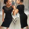 2024 Women Fashion Sexy Short Sleeve Round Neck Mesh Patchwork Hollow Out Zippered Knee-length Dresses