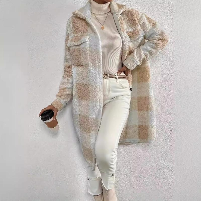 Осенне-зимнее плюшевое пальто в клетку с лацканами на пуговицах, свободное, с темпераментом, для работы, длинное пальто для женщин