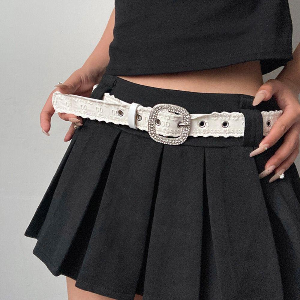 Square Buckle Rhinestone Belt PU Leather Women Waistband Vintage Lace Belt Female