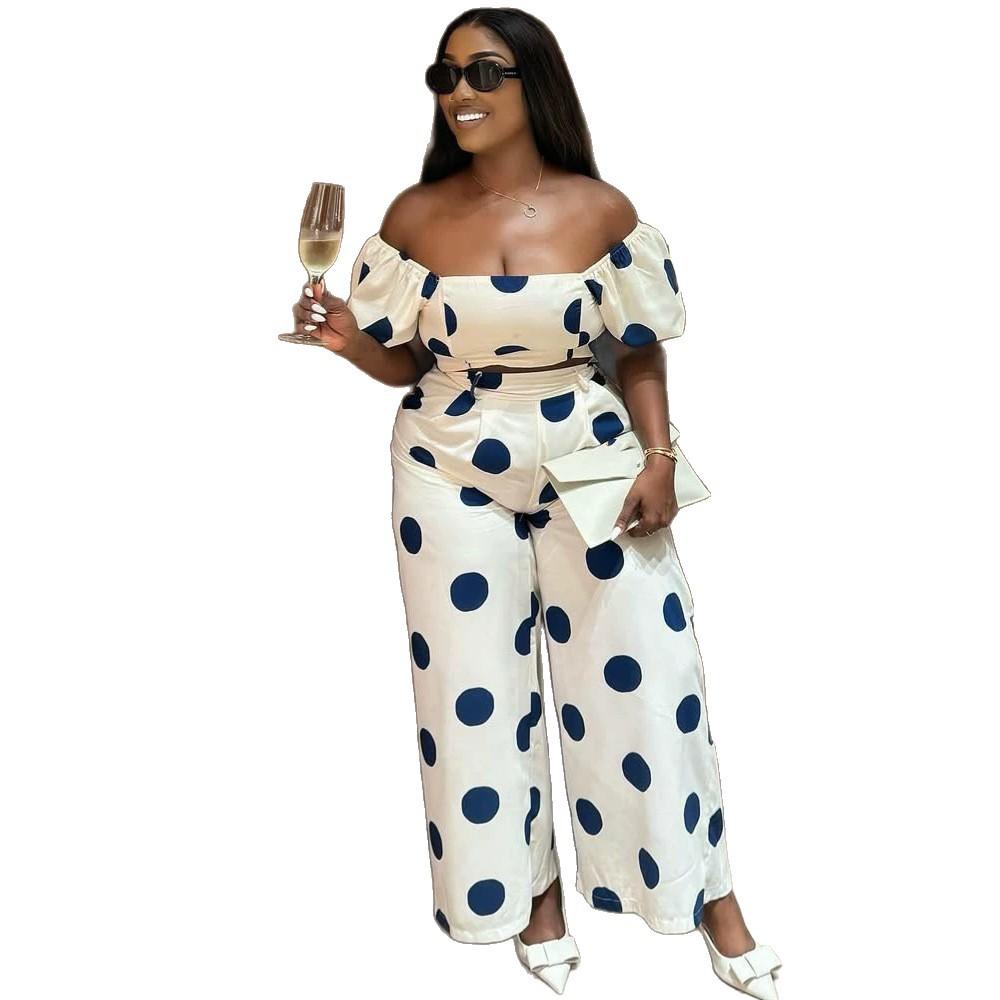 European and American Suit Women's Fashionable Polka Dot Strapless Off-Shoulder Short Top African New Women's Long Pants Set
