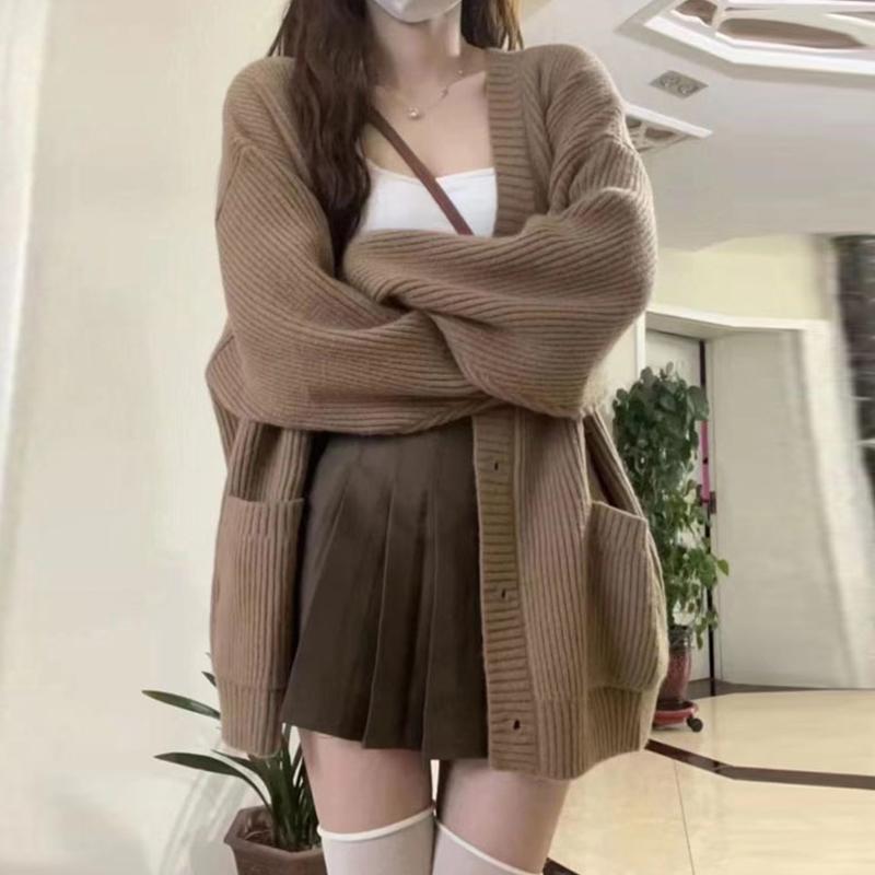 Женский свитер средней длины, кардиган, свободная вязаная куртка с v-образным вырезом