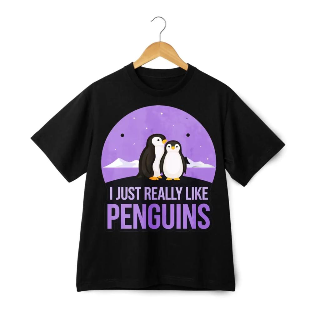 I Just Really Like Penguins Print T Shirt Arctic Animal Casual vintage Washed Unisex Soft Comfortable Versatile streetwear