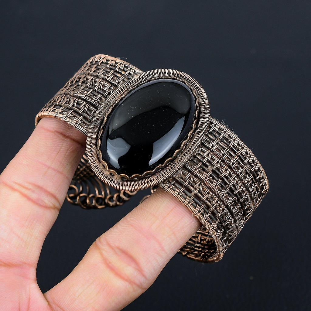 Уникальный черный оникс драгоценный камень чистая медная проволока обернутая вручную манжета/браслет ювелирные изделия