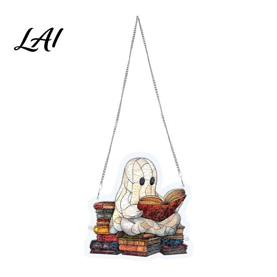 Black Cat Moon Wall Art Halloween Ghost Acrylic Puzzle Suncatcher Colorful Window Hanging Ornament Stained Autumn Theme Ornament Glass Style