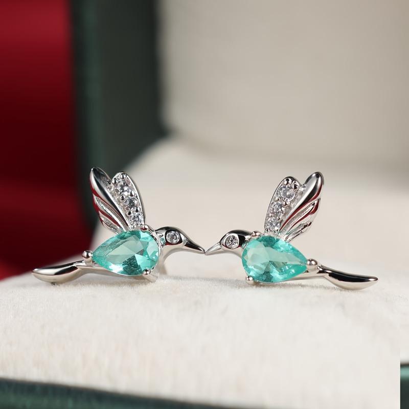 Delicate 925 Sterling Silver Mint Green Zircon Hummingbird Stud Earrings for Women Party Jewelry Gifts