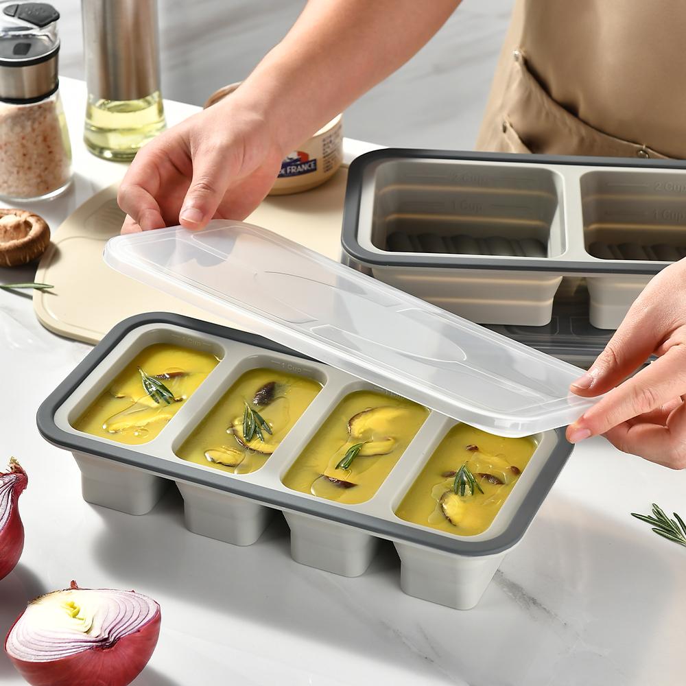 Grå Silikone Madfryserbakke med Låg Suppeportioner - Suppe, Sauce, Hjemmelavet Måltidsforberedelse Frysebeholdere til Køkkenet