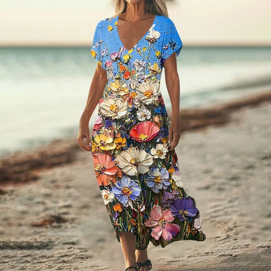 Fashion Women's Summer V-neck Short Sleeve Cotton And Linen Vintage Floral Print Beach Dress