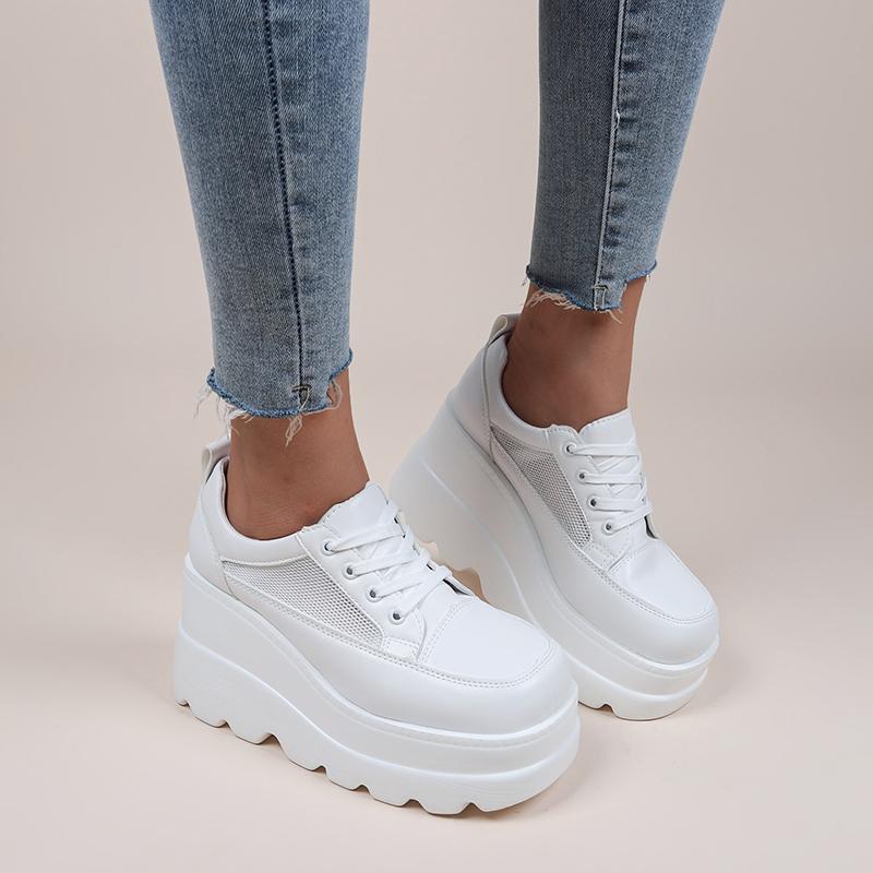 Fashion 2025 NEW White Wedge Sneakers Shoes Platform Breathable Hollow Shoes Chunky Platform Heel Pumps Shoes Women Heels