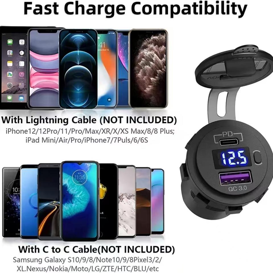 USB C Car Charger Socket 12V/24V Dual USB Socket PD3.0 and QC3.0 Car USB Port With LED Voltmeter and On/Off Switch