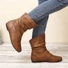 Women Leather Boots Slip On Short Boots Fashion Pleated Round Toe Autumn  Solid Color Abkle Boots Flat Booties Botas Mujer 2024