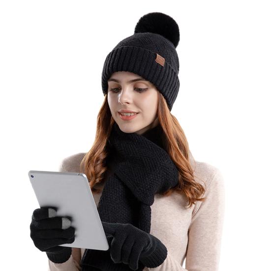 Women's Winter Hat Scarf Gloves Set Faux Fur Pompom Ball Knitted Cap Long Scarf Touch Screen Gloves Set for Cold Weather