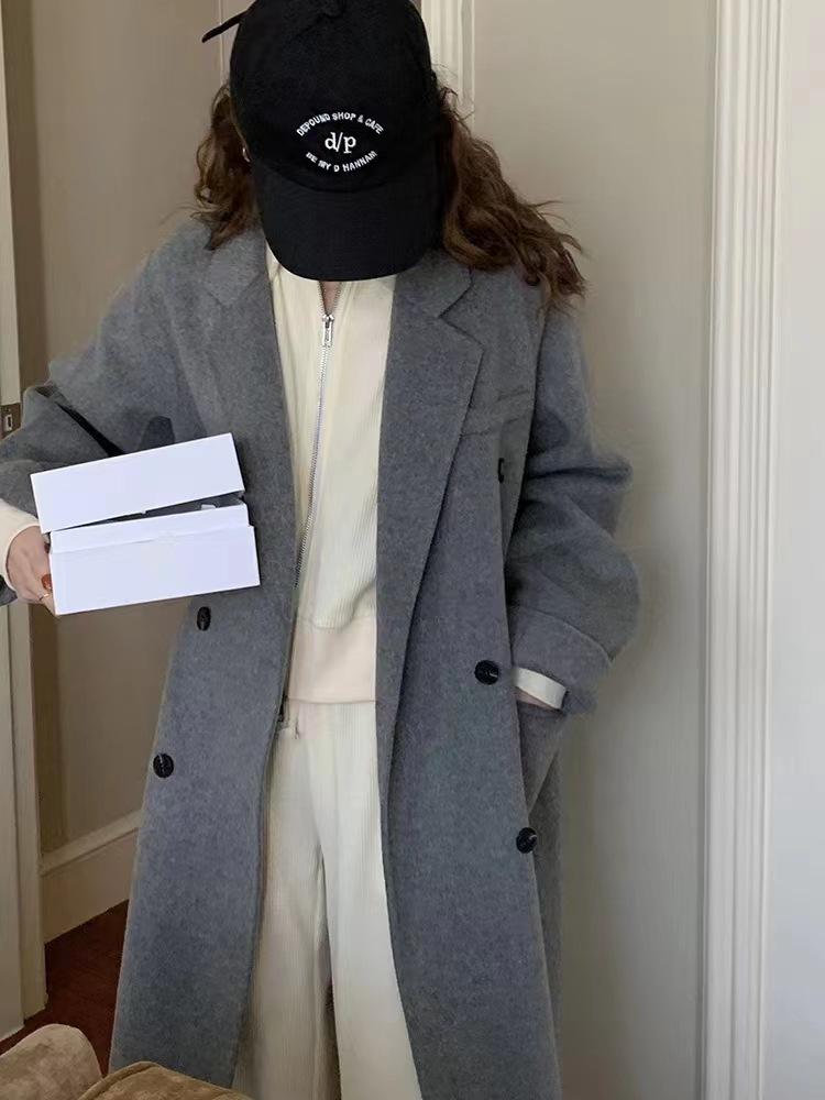 Романтичное розовое двухстороннее кашемировое женское шерстяное пальто - средней длины, зимний стиль