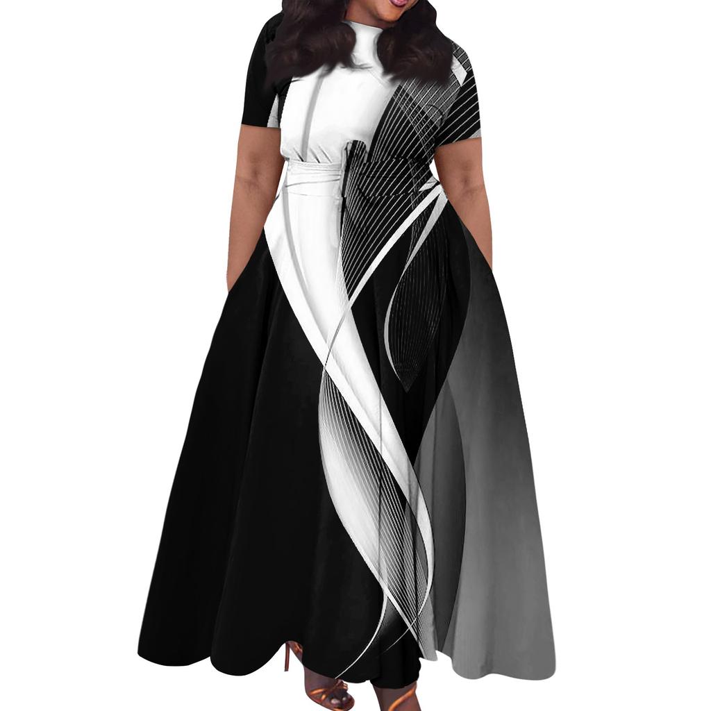 Women's Casual Fashion Large Size Print Round Neck Short Sleeve Pocket Straps Swing Dress