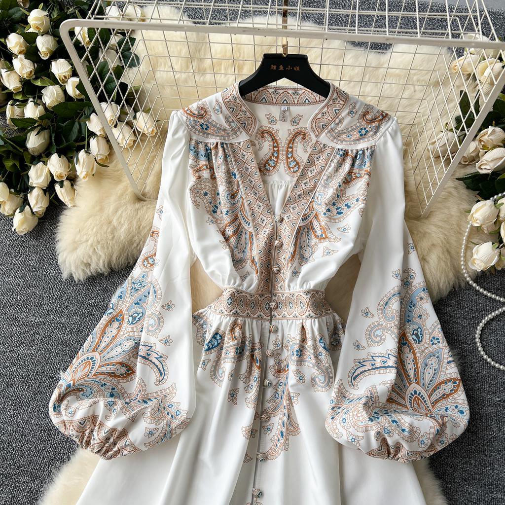 Элегантное длинное платье во французском стиле ретро, женские вечерние платья в придворном стиле с принтом пейсли, женские тонкие длинные платья трапециевидной формы с v-образным вырезом
