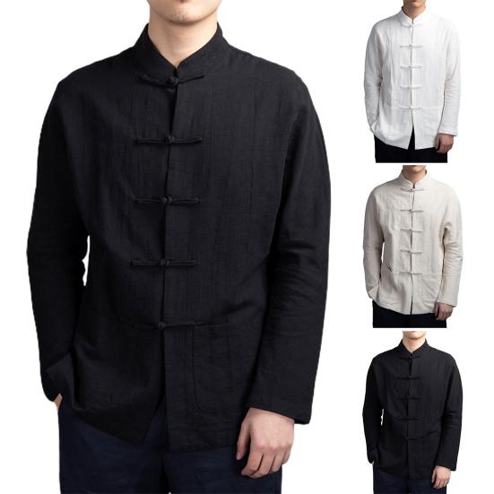 Men Autumn Chinese Style Shirt Top Mandarin Collar Long Sleeve Pockets Disc Button Traditional Kung Fu Tai Chi Shirt Tang Tops Uniform