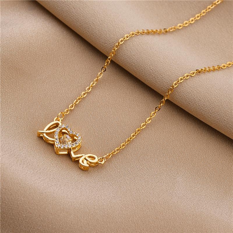 Cute Gold Love Letter Crystal Heart Pendant Women Necklace Ladies Romantic Wedding Party Jewelry Female Clavicle Chain