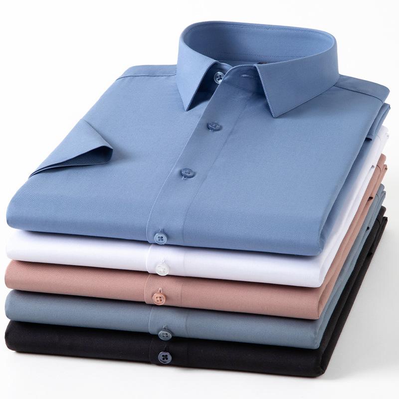 Men'S Mulberry Silk Short-Sleeved Shirt Summer Half-Sleeved Solid Color Square Collar Pocket-Free Business Casual Shirt
