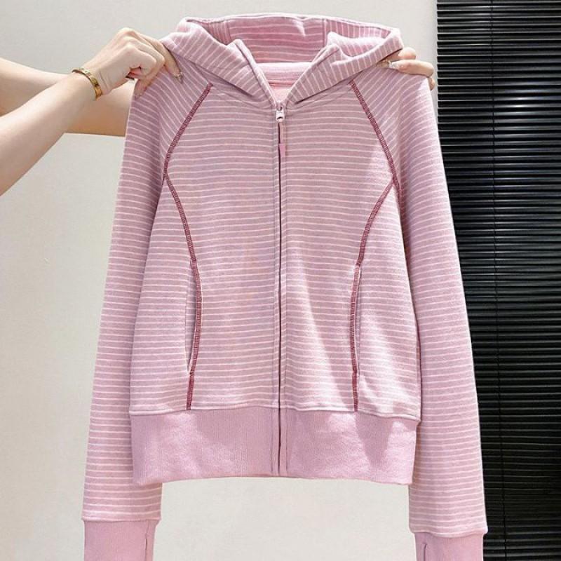 Womens Striped Hooded Sweatshirt Contrast Color Casual Loose Fit Early Outerwear