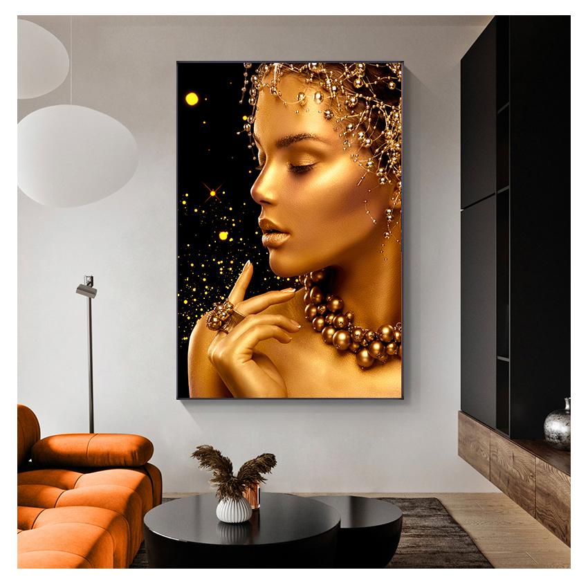 Африканская художественная картина маслом на холсте, плакаты и принты Cuadros, настенная художественная картина для гостиной, черно-золотая женская сексуальная телесная...