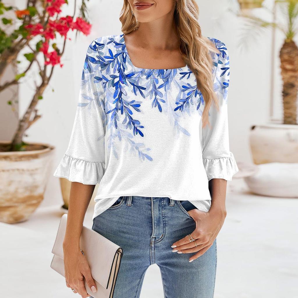 Женские повседневные топы с рукавами 3/4, летние футболки с квадратным вырезом, свободные туники с рюшами, блузки-туники