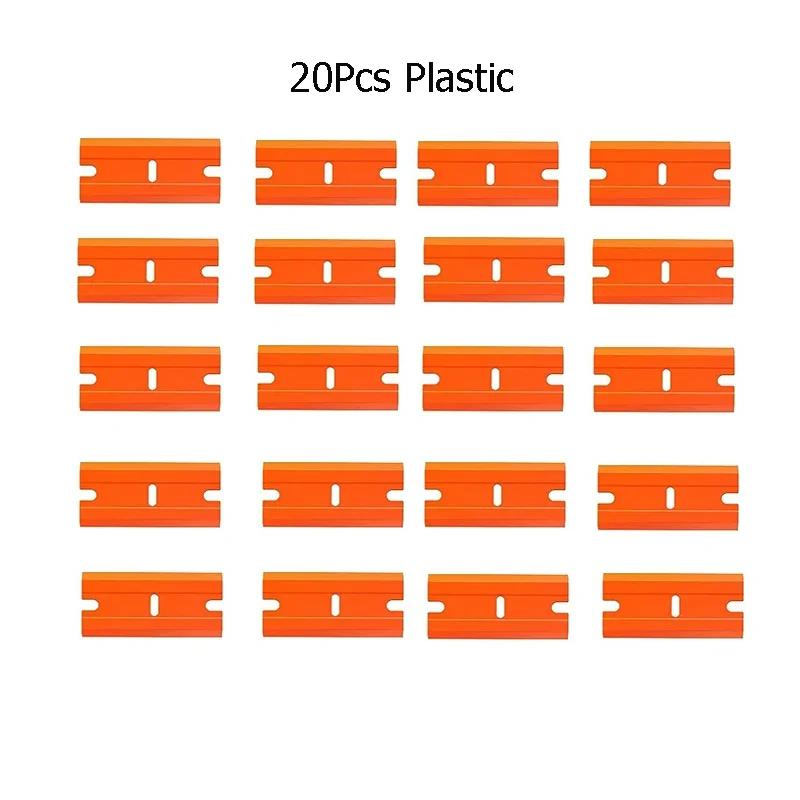 20 шт. лезвий для бритвы, пластиковый скребок, сменный скребок для удаления наклеек с автомобиля, скребок для чистки оконных стекол, для удаления клея