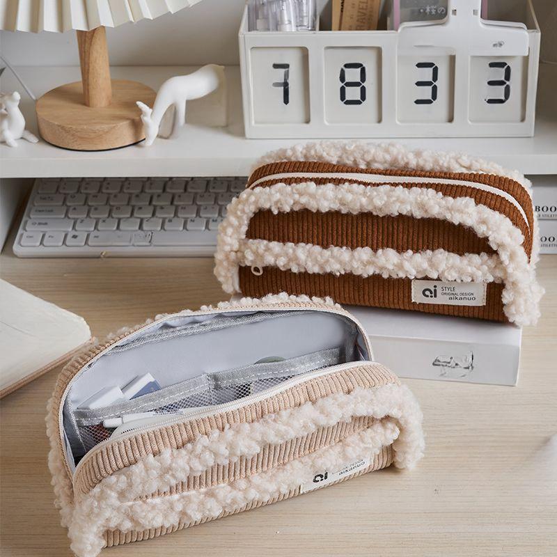 Пенал большой емкости, простой пенал для студентов колледжа, черный пушистый пенал в стиле Ins