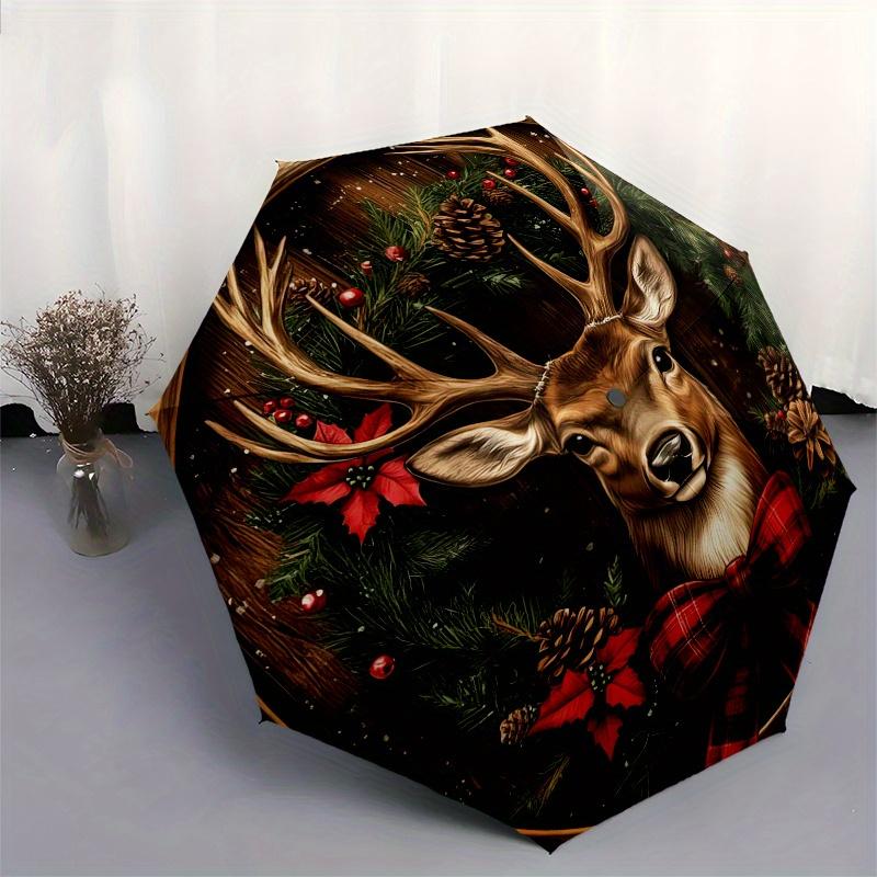 Christmas Deer Wreath Wooden Sign DecorationUmbrella, PortableFold Compact Umbrella for Men & Women Gift