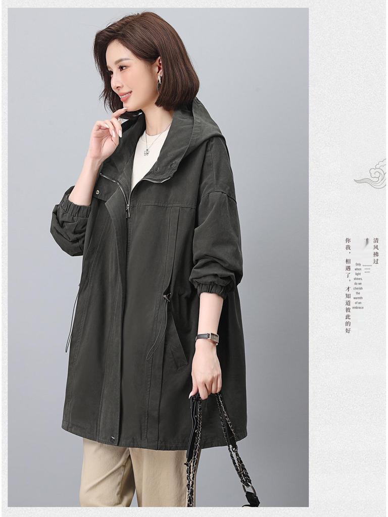 Women's Mid-Length Hooded Trench Coat, Spring/Autumn 2024: Pure Cotton, Long-Sleeve, Casual Workwear, Slimming Plus Size.