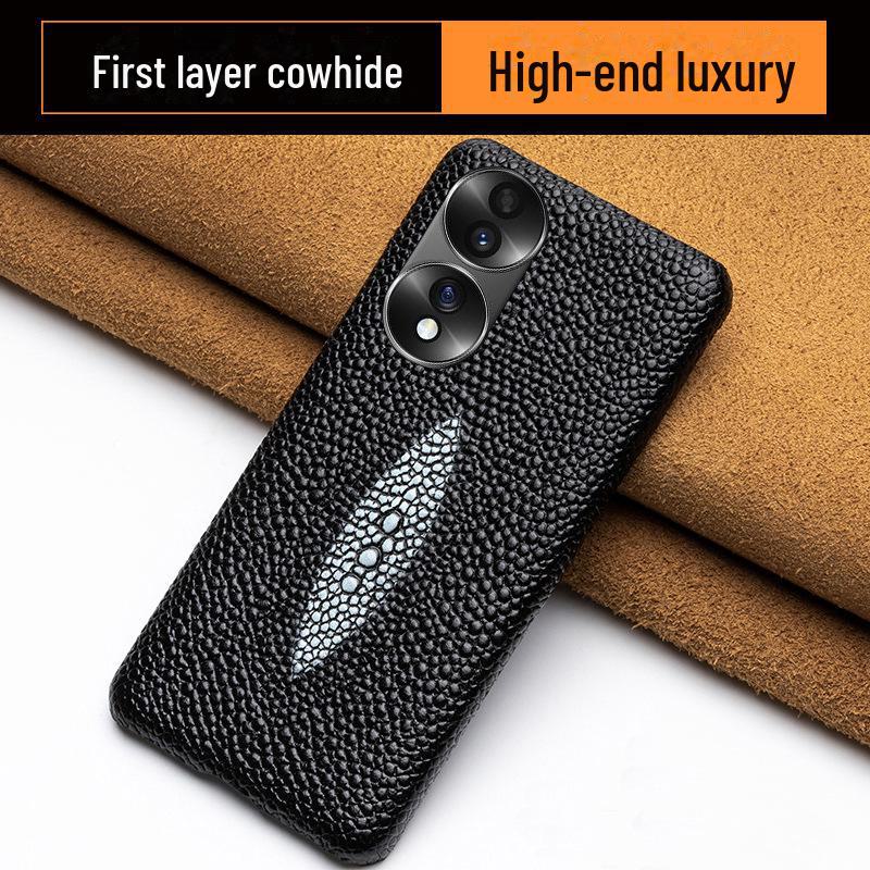 Чехол Honor 70 из воловьей кожи с рисунком в виде рыбки и жемчуга — получехол, совместим с моделью Pro