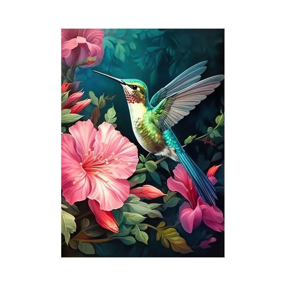 Modern Glam Frameless Hummingbird Bird Animal Print Wall Hanging Decor Pink Flowers for Living Room, Wall Decor, No Frame