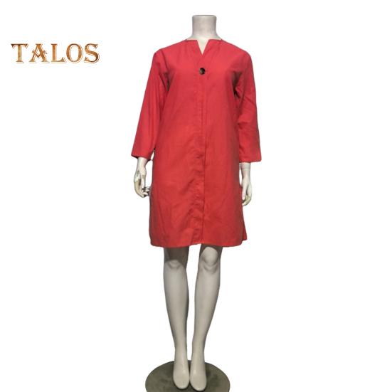 Женское осенне-летнее платье Свободное платье с V-образным вырезом и рукавами три четверти Трапециевидной формы Сплошной цвет с разрезом на пуговицах Декор Повседневная повседневная одежда Платье миди